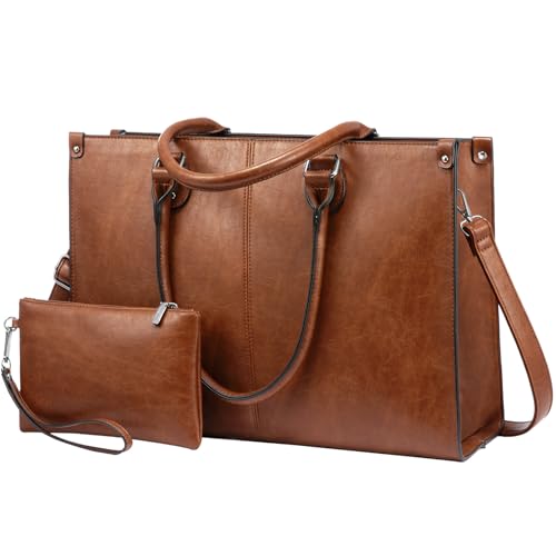 LOVEVOOK Laptop Tote Bag for Women, 17.3 Inch Professional Work Bag with Matching Clutch, Waterproof Vintage Leather Computer Tote for Office, Business Travel & Daily Use, Gift for Women - color: Dark Brown, size: 17.3 inch