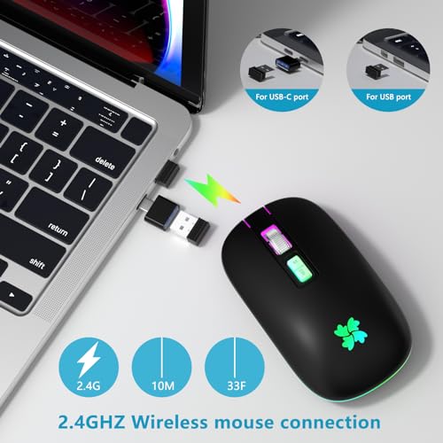 besky Wireless Rechargeable Mouse, Portable Silent Computer Mouse, Black | Backlit LED 2.4G USB Cordless Mouse with USB-C Adapter for Laptop, PC, MacBook, Chromebook, iPad & Tablet
