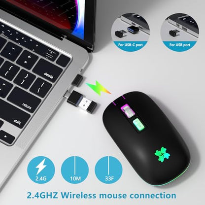 besky Wireless Rechargeable Mouse, Portable Silent Computer Mouse, Black | Backlit LED 2.4G USB Cordless Mouse with USB-C Adapter for Laptop, PC, MacBook, Chromebook, iPad & Tablet