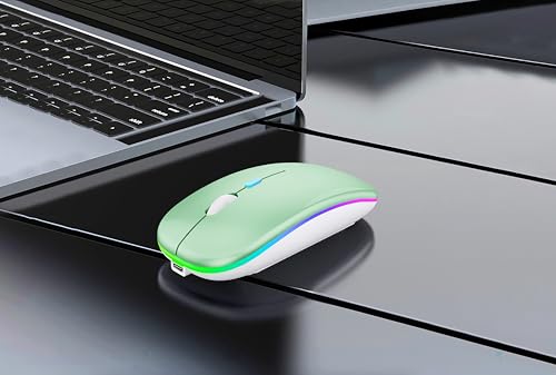 WREANU Wireless Bluetooth Mouse Rechargeable Laptop Mice with LED Lights Silent Slim Use(BT5.2 and 2.4G Portable USB Receiver)Dual Mode Computer Mouse for Laptop/iPad/Tablet/Apple/Computer/Mac(Green) - color: Green Wireless Bluetooth Mouse