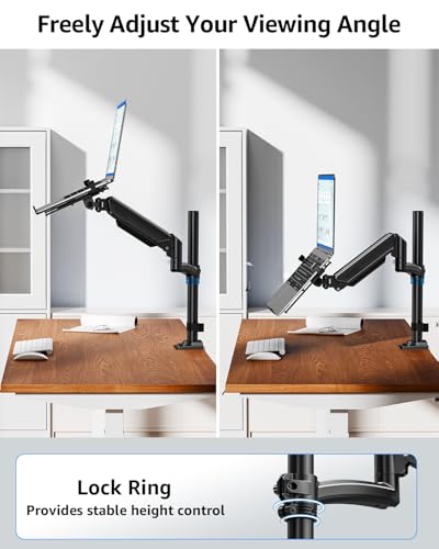 MOUNTUP Laptop Desk Mount, Adjustable Laptop Stand for max 17" Notebook or 32" Monitor, Laptops Arm Mount for Desk Holds 4.4-22lbs, Tall Laptops Stand with Clamp/Grommet - size: Single, style: With Pole