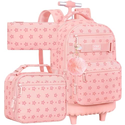 3Pcs Rolling Backpack for Girls Women, School Kids Roller Bookbag with Wheels, Wheeled Backpacks Set for Elementary (Pink) - color: Star Pink