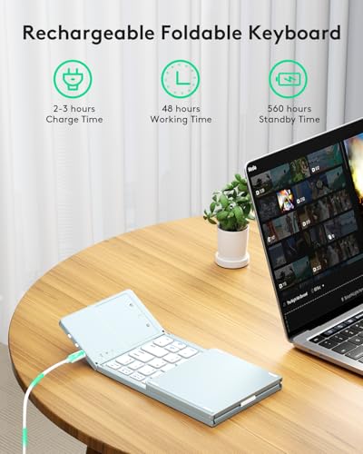 Samsers Foldable Bluetooth Keyboard with Touchpad, Ultra Slim Compact, Blue | Multi-touch Trackpad, Full Size, Phone Holder, USB-C Charging, 1 Device, for Android Windows iOS Mac OS, Mobile Productivity - color: Sky Blue, size: 1-Device
