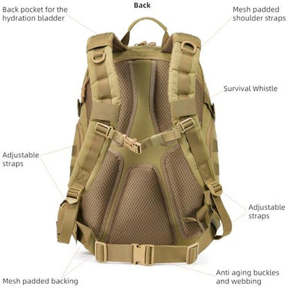AMHEH 32L Tactical Backpack, 17 Inch Laptop Suspended Compartment | 1050D Water Resistant Heavy Duty MOLLE Computer Daypack, Airplane Travel Approved, Everyday Carry, Commuting, Weekend Trip - color: Tan