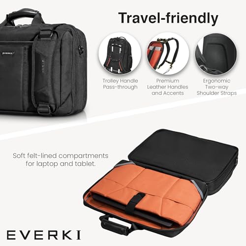 EVERKI Versa Laptop Briefcase Bag for Men & Women, Black - 17.3 Inches | Premium Leather Ballistic Nylon, Heavy-Duty, Water-Resistant, Business, Travel-Friendly Bag, Multiple Pockets, 25 Liters