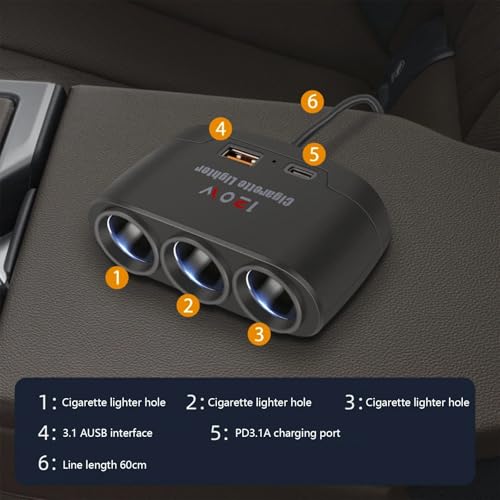5 in 1 Car Cigarette Lighter Splitter Adapter, Car Charger Adapter with 120w Charge(23.6in Cable), 24V/ 12V Cigarette Lighter Splitter for All Car Devices