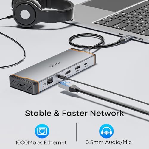 UANTIN 11-in-1 Docking Station Dual Mnoitor [Cable 3.3FT/1M] Dual HDMI 4K@60Hz, 5Gbps USB-A & C, 100W PD, Gigabit Ethernet, Audio, Aluminum Laptop Docking Station for Windows/Dell/HP/Lenovo/Asus
