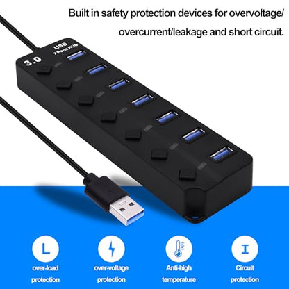 7-Port USB 3.0 Hub Multi Functional 1 to 4 Splitter 5Gbps Data Transfer USB 3.0 Extender with Individual LED Power Switches, for Laptop,PC,Flash Drive,HDD (USB HUB 7 Ports)