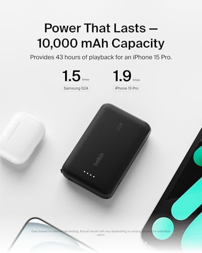 Belkin 10000mAh 20W USB C Power Bank, Portable Charger for iPhone & iPad | Fast Charging, Integrated USB C Cable, Eatra USB C Port, iPhone 17, iPad, Samsung Galaxy S26, Charge 2 Devices - color: Black, style: 10K mAh