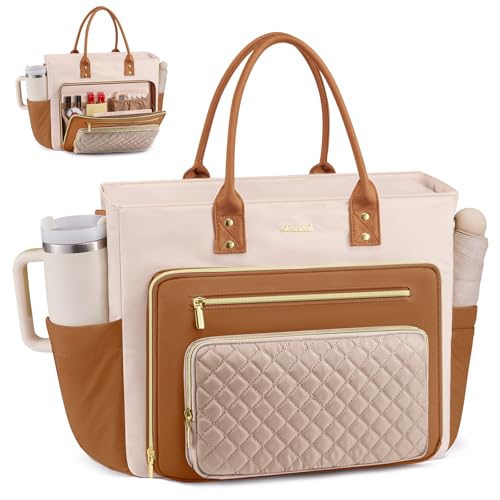 LOVEVOOK Laptop Tote Bag for Women, Teacher Nurse Work Bags with Laptop Compartment, Laptop Bag With Large Cup Holder, Professional Briefcase Business Large Purses Handbag, Dark Apricot-brown 17 Inch - color: Dark Apricot-brown, size: 17.3 inch