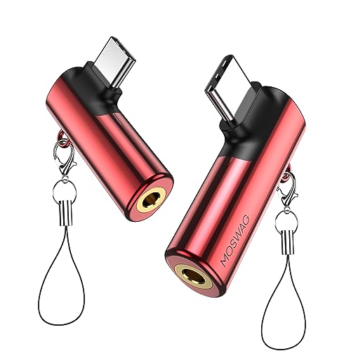 MOSWAG USB C to 3.5mm Jack Type C Headphone Adapter Right Angled Aux Mic Audio Dongle Hi-Res DAC Chip, Compatible with Samsung Galaxy S23 S22 S21 Ultra Note 20,Pixel 7/6,Pad Pro 6 - color: Red, size: 2 Pack