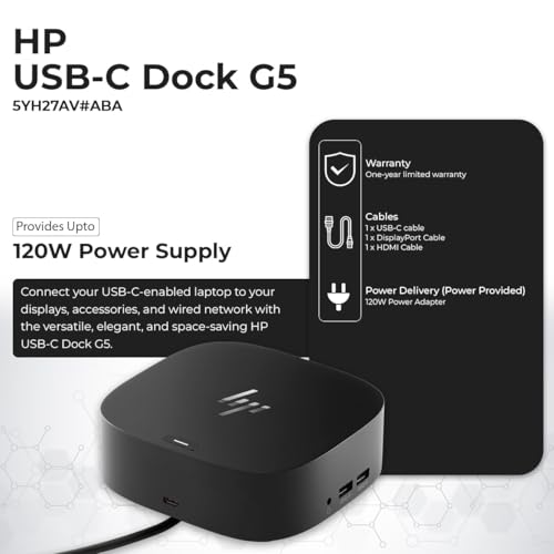 HP Docking Station for Laptop Dual Monitor and Charging Bundle - USB-C G5 Dock 5YH27AV#ABA with 120W Adapter + HDMI Cable + DisplayPort Cable + USB-C Cable + Microfiber Cloth (Renewed) - style: HP 5YH27AV#ABA Renewed
