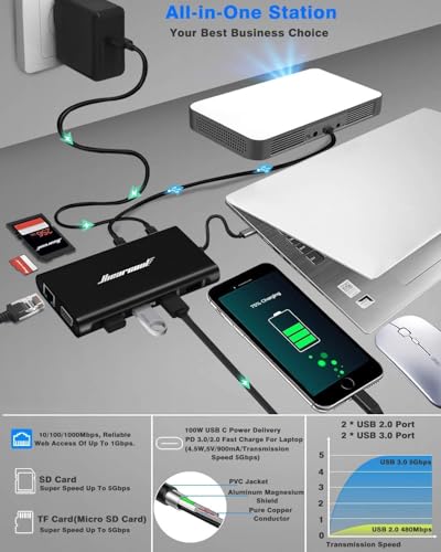 Hiearcool USB C Docking Station, 11-in-1 Dock, HDMI, VGA, Ethernet, Black - color: Carbon Black