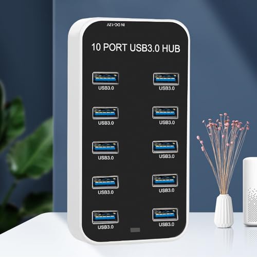 Diyeeni USB 3.0 Hub 10 Port Data Hub Splitter with Individual On Off Switches, 5Gbps High Speed USB Expander for Laptop PC Printer Hard Drive Flash Drive, Powered Docking Station