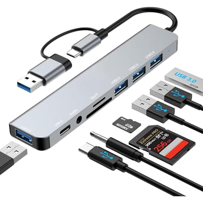 USB Hub 3.0 USB C Hub 8 in 1 with SD/TF Card Reader, 3.5mm Audio Jack, USB-A & USB-C Dual Input, Multiport Splitter Adapter for MacBook Pro/Air, PC, Laptop, Tablet and Other Devices