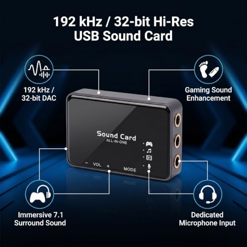 7.1 USB / 3.5mm Surround Sound Card, 192kHz / 32bit DAC | External PC Gaming Sound Adapter, Aluminum Alloy HiFi Audio Dongle for FPS, Laptop & Desktop