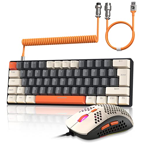 ZIYOU LANG RK-T60 Wired Mechanical Gaming Keyboard and Mouse Combo Portable with Rainbow Backlit 62Key NKRO 6400DPI RGB Honeycomb Mice Coiled Aviator Cable for PS4/PC/WIN Gamer(Dark Gray/Blue Switch) - color: Dark Grey, size: Keyboard + Mouse + Coiled Cab