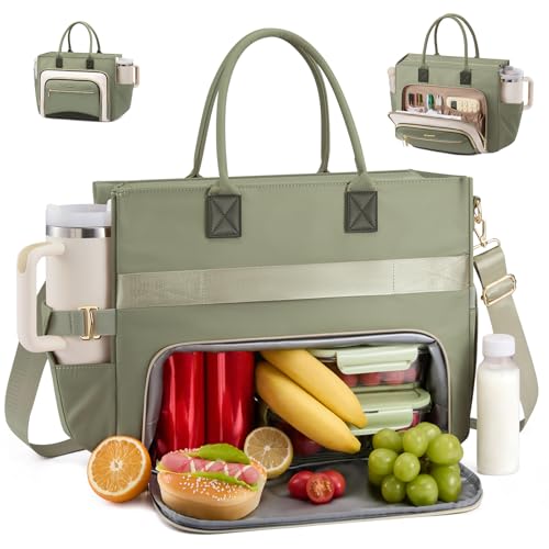 LOVEVOOK Lunch Tote Bag for Women, 3 in 1 Work Bag with Insulated Lunch Compartment, 15.6inch Laptop Bag with Large Cup Holder for Office, College, Casual,Teacher,Nurse - color: Green-white, size: 15.6 inch with Lunch Compartment