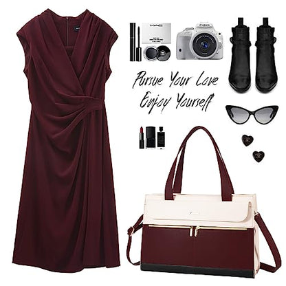 LOVEVOOK Laptop Tote - 15.6 Inch Professional Leather Computer Briefcase - Waterproof Shoulder Bag - Large Capacity Business Teacher Office Bag - Crossbody Purse - color: 168# Dark Red/Off-white, size: 15.6 Inch