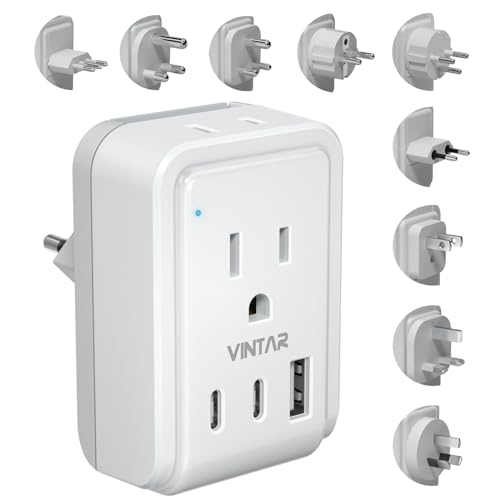VINTAR Universal Travel Adapter Kit, International Power Adapter with 3 USB Ports (2 USB C, 3.4A) and 2 AC, Type A,C,D,E/F,G,H,I,L,M Detachable Attachments, Adapter for India/Africa/EU/UK//AU/JP/US - style: Type A/C/D/E/F/G/H/I/L/M-Worldwide Adapter Kit