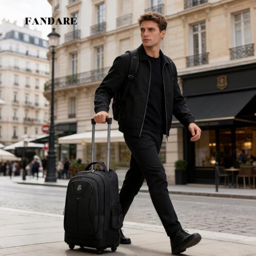 FANDARE Men's Wheeled Business Backpack Rolling Convertible Laptop Carry-On Luggage Mobile Office Case Trolley Handle with Hideaway Strap Daypacks with Wheels for Business Travel Office Commute Black - color: Black