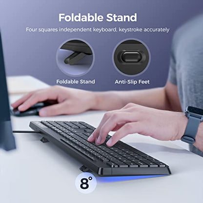 Virfour Wired USB Computer Keyboard, Quiet Keyboard with Multimedia Keys | Virfour Silent Keyboard with Low Profile Chiclet Keys,Spill-Resistant, Anti-Wear Letters,Full Size for Laptop,Desktop
