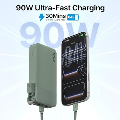 NOBIS Portable Charger 20000mAh 90W Power Bank w/Detachable Cable | 2C+2A USB-C Fast Charging Battery Pack with LED Display,Battery Bank for Laptops, Tablets, Phones and Steam Deck - color: Green