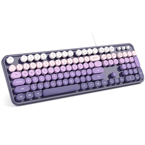 MOWUX Computer Keyboard Wired, Plug and Play USB Retro Round Typewriter Keyboard, Full Size Wired Keyboard with Foldable Stands for Laptop and Office PC- Blue Gradient - color: Purple Gradient
