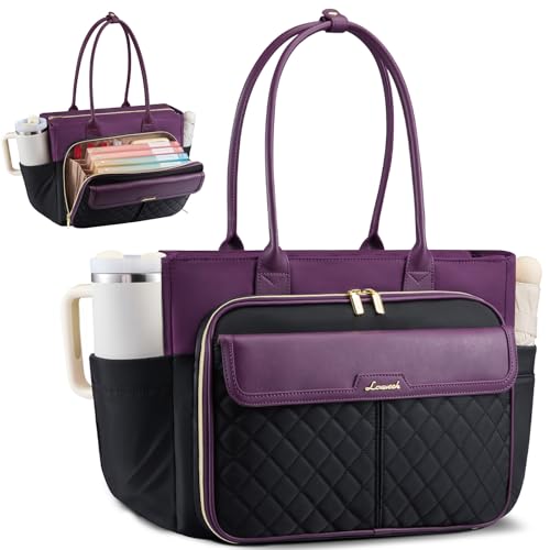 LOVEVOOK Teacher Tote Bag for Women, Laptop Bag Briefcase with Accordion File Pocket, Nurse Handbag for Work, Travel, College | 40oz Cup Holder - color: Black-beige-purple, size: 15.6 Inch