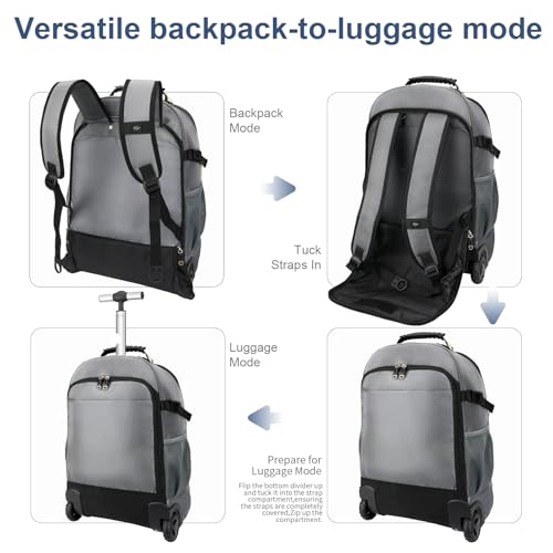 Backpack with wheels,rolling backpack with 2 Packing Cubes and compression bags,Laptop Compartment,Water Resistant Luggage suitcase,Air Travel,Weekend Trips (Grey) - color: Grey
