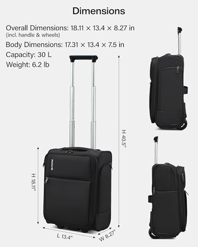 Hanke Underseat Carry On Luggage with Wheels, 17 Inch Rolling Bag, Black | Fits 15.6 Inch Laptop, Shoe Bag Included, Small Suitcase, Softside, Trolley Sleeve, Water-Resistant, 30L Personal Item - color: Black, size: 17 Inch Underseat Plus