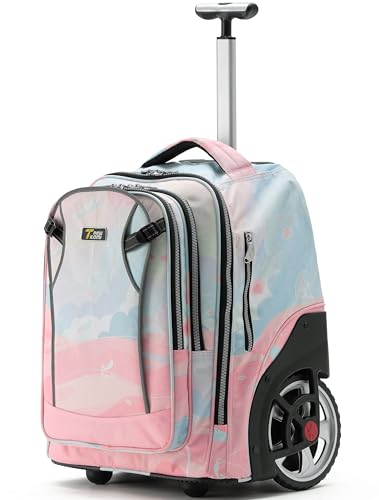 NEW TILAMI 20 Inch Rolling Backpack for School Stair-Climbing Big Wheel | Teen Boys Girls Carry-on Suitcase Large Organizer Compartment 15.6 Laptop Sleeve Adjustable Handle Roller Travel Bag College - color: Pink Dawn
