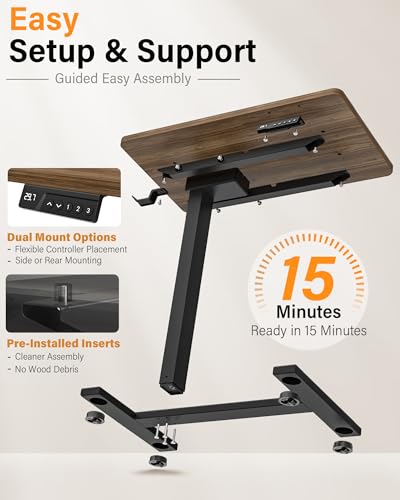 FiCiHi Electric Overbed Table, Adjustable Height Bedside Desk with Hidden Wheels, Rolling Sit-Stand Laptop Table for Bed, Couch, Sofa, Home Office & Hospital Use, (24" x 16", Walnut) - color: Walnut, size: 24 x 16"