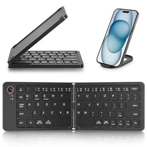 Mini Foldable Bluetooth Keyboard - Portable Wireless Full Size Keyboard (Sync Up to 3 Devices), Ultra-Slim Aluminum Travel Folding Keyboards for iPhone iPad Mac Android Windows iOS (Black) - color: Black