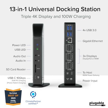 Plugable 13-in-1 USB C Docking Station 4K Triple Monitor with 100W Power Delivery | USB C Dock for Windows, Mac, ChromeOS, Thunderbolt | Driver Required | 3X HDMI and 3X DisplayPort (UD-ULTC4K)