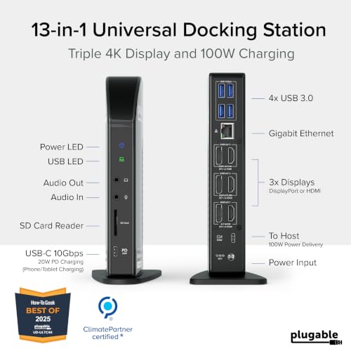 Plugable 13-in-1 USB C Docking Station 4K Triple Monitor with 100W Power Delivery | USB C Dock for Windows, Mac, ChromeOS, Thunderbolt | Driver Required | 3X HDMI and 3X DisplayPort (UD-ULTC4K)