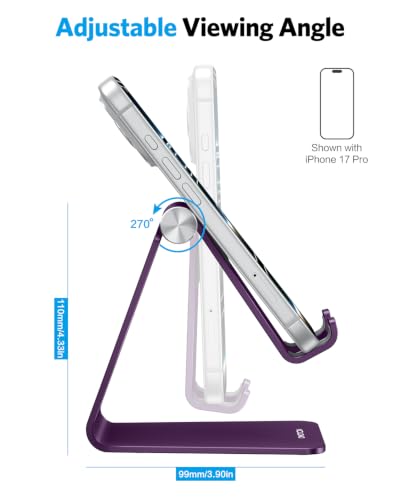 OMOTON C2 Adjustable Cell Phone Stand with Charging Cutout, Deep Purple | Sturdy 3mm Aluminum, Charging Port, 270° Adjustable, Non-Slip Silicone Pads, Works with Thick Cases, for All Smartphones - color: Deep Purple