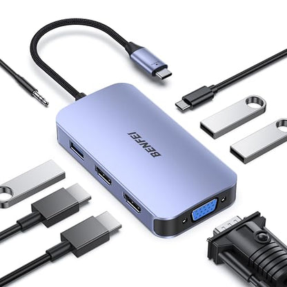 BENFEI USB C Docking Station, 8-in-1 USB C Hub with Triple Display Dual HDMI, VGA, 3*USB 3.0, 100W Power Delivery, 3.5mm AUX Audio Compatible with MacBook Pro, XPS and More - color: Grey, size: 8-in-1