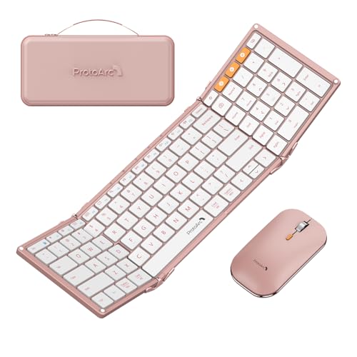 ProtoArc XKM01 Full-Size Foldable Keyboard Mouse Combo for Travel - Pink | 105-key keyboard, slim mouse, hard case and phone stand; 3-device Bluetooth & 2.4G switching, for travel office use - color: Pink