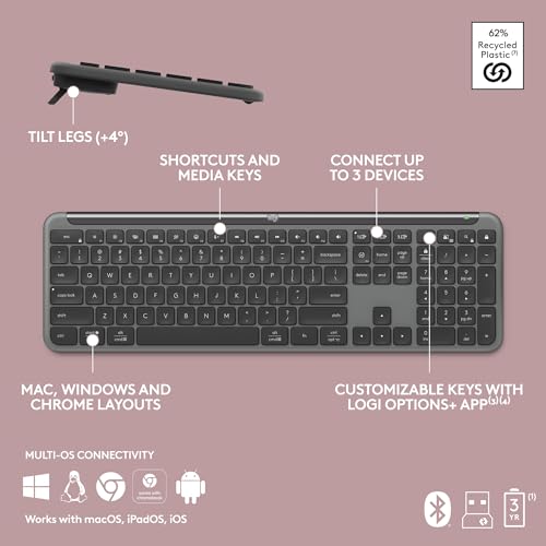 Logitech Signature Slim K950 Wireless Keyboard, Sleek Design, Switch Typing Between Devices, Quiet Typing, Bluetooth, Multi-OS, Windows, Mac, Chrome - Graphite - color: Graphite, style: Battery Powered