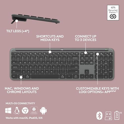 Logitech Signature Slim K950 Wireless Keyboard, Sleek Design, Switch Typing Between Devices, Quiet Typing, Bluetooth, Multi-OS, Windows, Mac, Chrome - Graphite - color: Graphite, style: Battery Powered