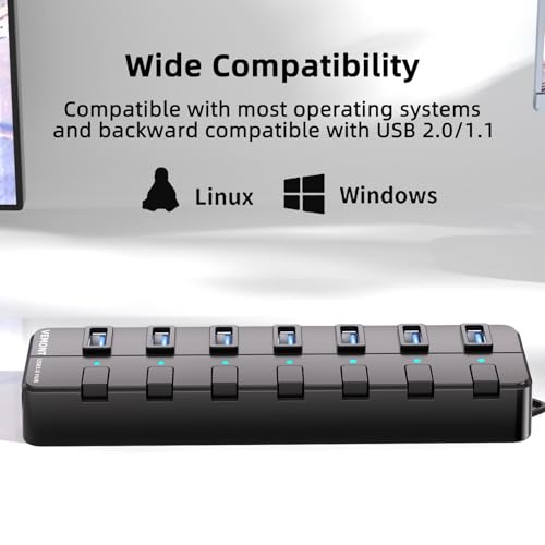 VEMONT 7-Port USB 3.0 Hub (Equipped with a 4-Foot Data Cable, Individual Switch, and Indicator Light, it Supports Data Transfer speeds of up to 5Gbps) Suitable for Desktop Computers and laptops.