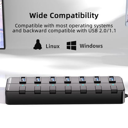 VEMONT 7-Port USB 3.0 Hub (Equipped with a 4-Foot Data Cable, Individual Switch, and Indicator Light, it Supports Data Transfer speeds of up to 5Gbps) Suitable for Desktop Computers and laptops.