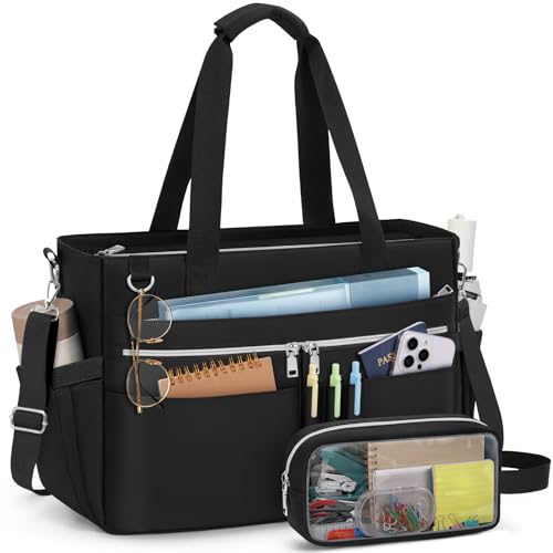 RAINSMORE Teacher Tote Bag for Women 15.6 Inch Laptop Briefcase with Clutch Bag, Nurse Bags Professional Work Handbag for Office College Nursing, Large Utility Tote Messenger Shoulder Bag, Black | 15.6 Inch - color: Black
