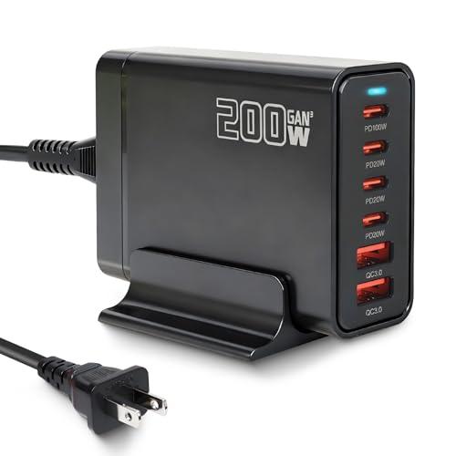 200W USB C Charger, GaN Ⅲ PD 100W 6-Port Charging Station for Multiple Devices, Portable Laptop Fast Charging, Adapter for iPad iPhone 17 16 15 14 13 12, MacBook Pro Galaxy, 5ft Cord