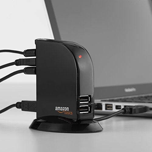 Amazon Basics 7-Port USB 2.0 Hub Tower for Laptop and PC, USB Splitter with 5V/4A Power Adapter, 2 Fast Charging Ports, Plug and Play, Black