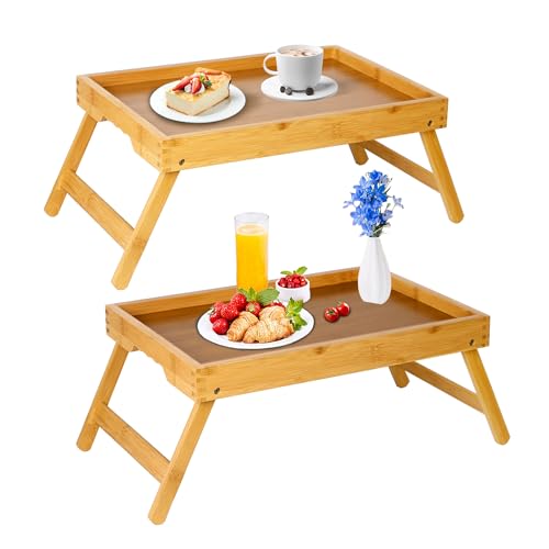 Bamboo Bed Tray Table with Foldable Legs, Breakfast in Bed Tray for Kitchen Serving Tray, Eating, Working, Drawing Tray (2 Pack, Bamboo) - color: Bamboo, size: Medium(Pack of 2)