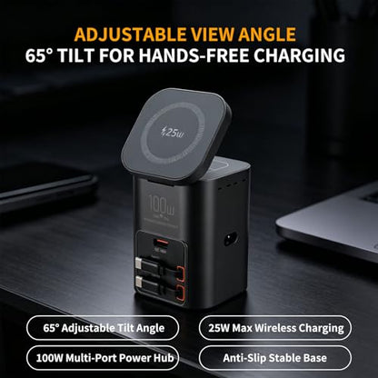 100W Multi-Function Desktop Charging Station, Wireless Charger with Dual 75cm Retractable USB-C Cables, USB-A QC3.0, Fast Charging for Laptops, Phones, Earbuds（I161C）