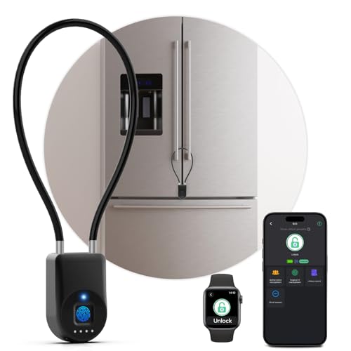 Fingerprint Cable Lock, Fridge Locks with Fingerprint Bluetooth APP Control, Smart Biometric Waterproof Child-Proof Refrigerator Lock for Kids & Adults Fridge French Door Cabinet Gate - color: Black
