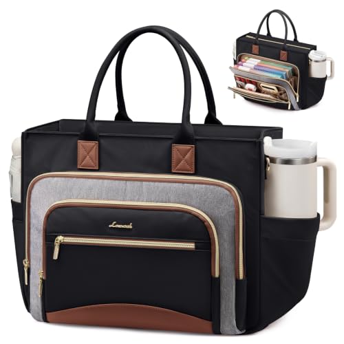 LOVEVOOK Work Tote Bags for Women,Laptop Teacher Bag With File Organizer | Large Cup Holder,Teacher Tote Bag,Nurse Bags,Multi-Pockets Professional Briefcase Business Purses Handbag - color: Gray-black-brown, size: 17.3 inch